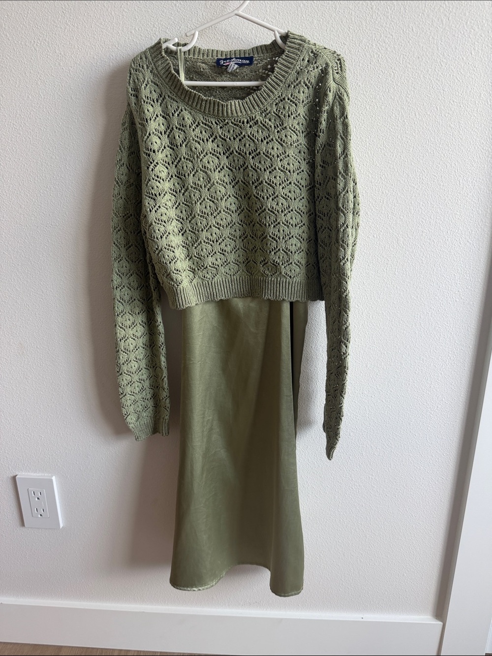 Openwork Knit Overlay Midi Dress in Olive Green by Freshman